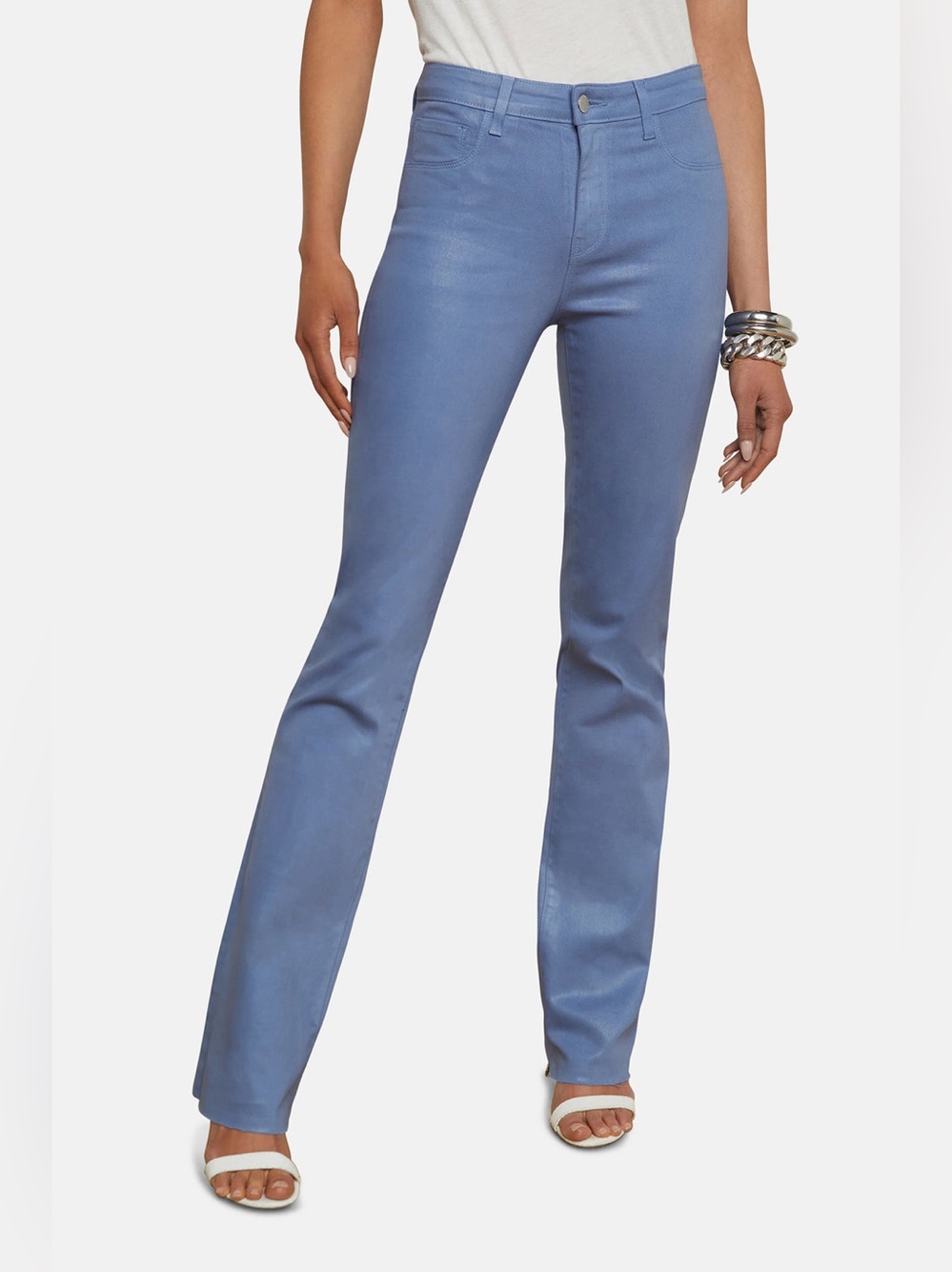 L'agence Ruth Coated Blue Mist Wax Straight Leg Flare Ankle High Rise Jeans 25 - Picture 10 of 11